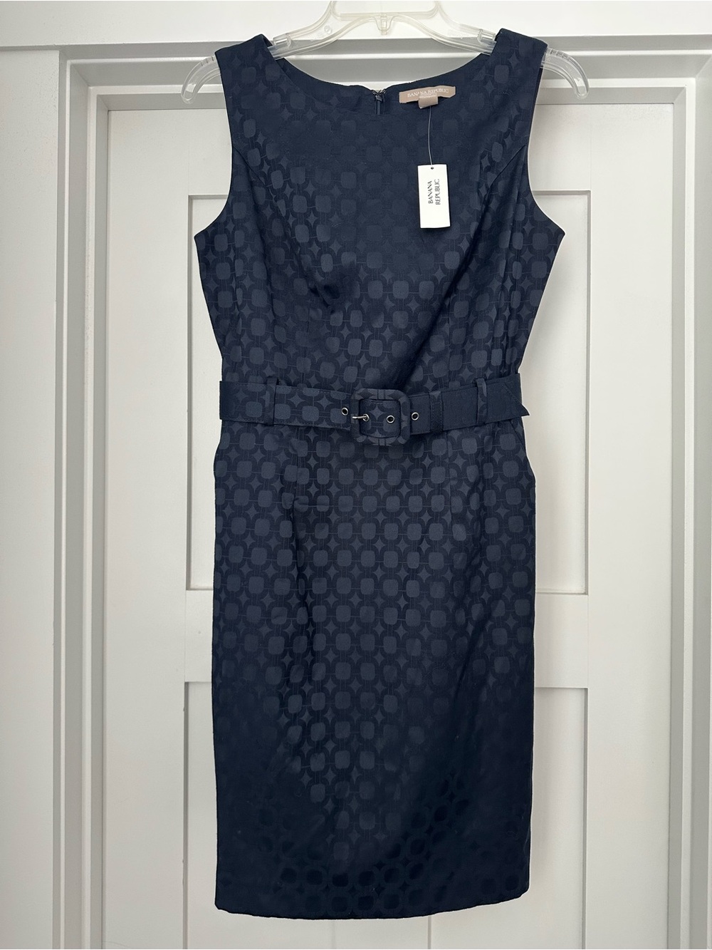 Banana Republic Navy Jacquard Belted Sheath Dress